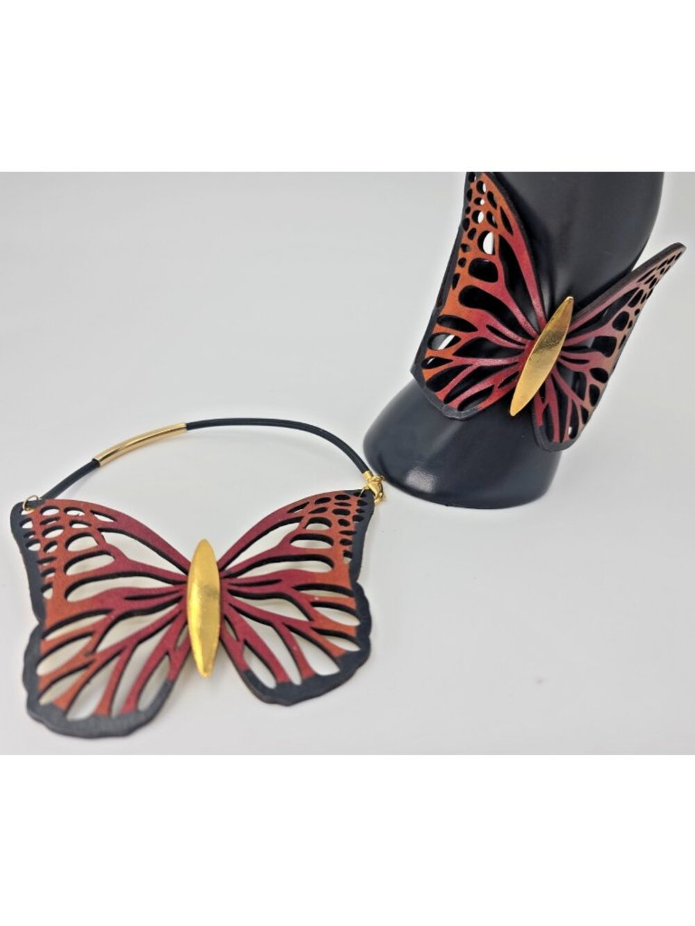 Boho Cutwork Leather Butterfly Bracelet & Anklet Matching Set Artisan Gold Tone